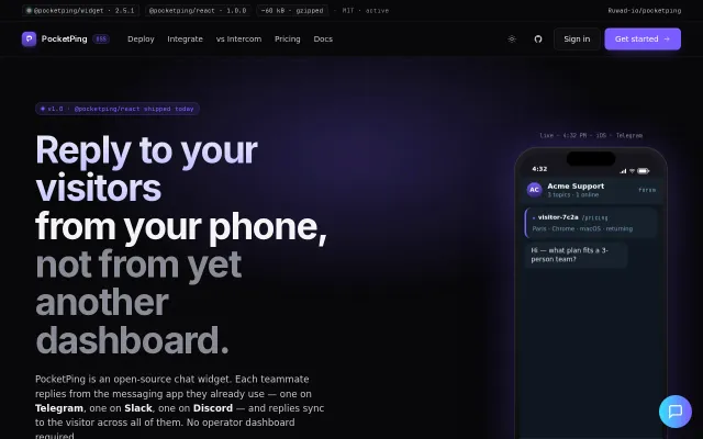 PocketPing turn Telegram/Slack/Discord into your customer support inbox