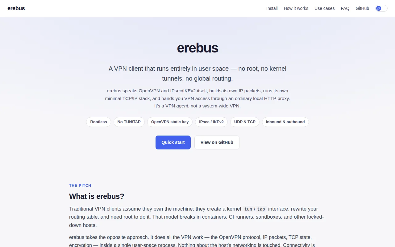 Erebus, A VPN client that runs rootless in user space