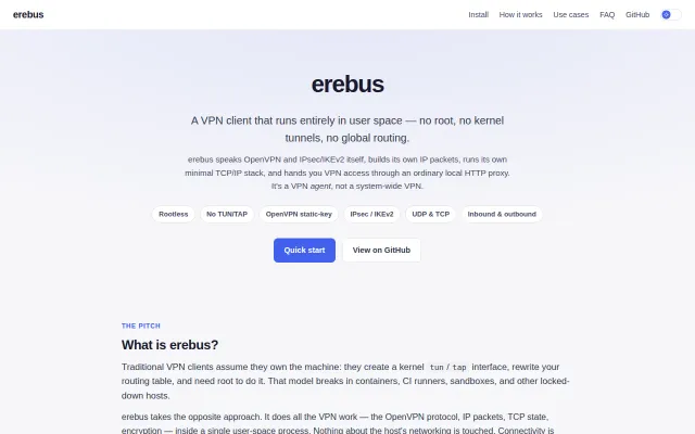 Erebus, A VPN client that runs rootless in user space