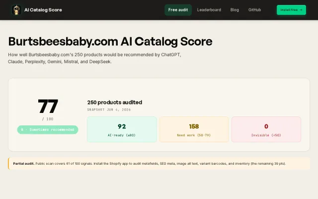 Free AI agent audit for Shopify catalogs (1.2M open captures)