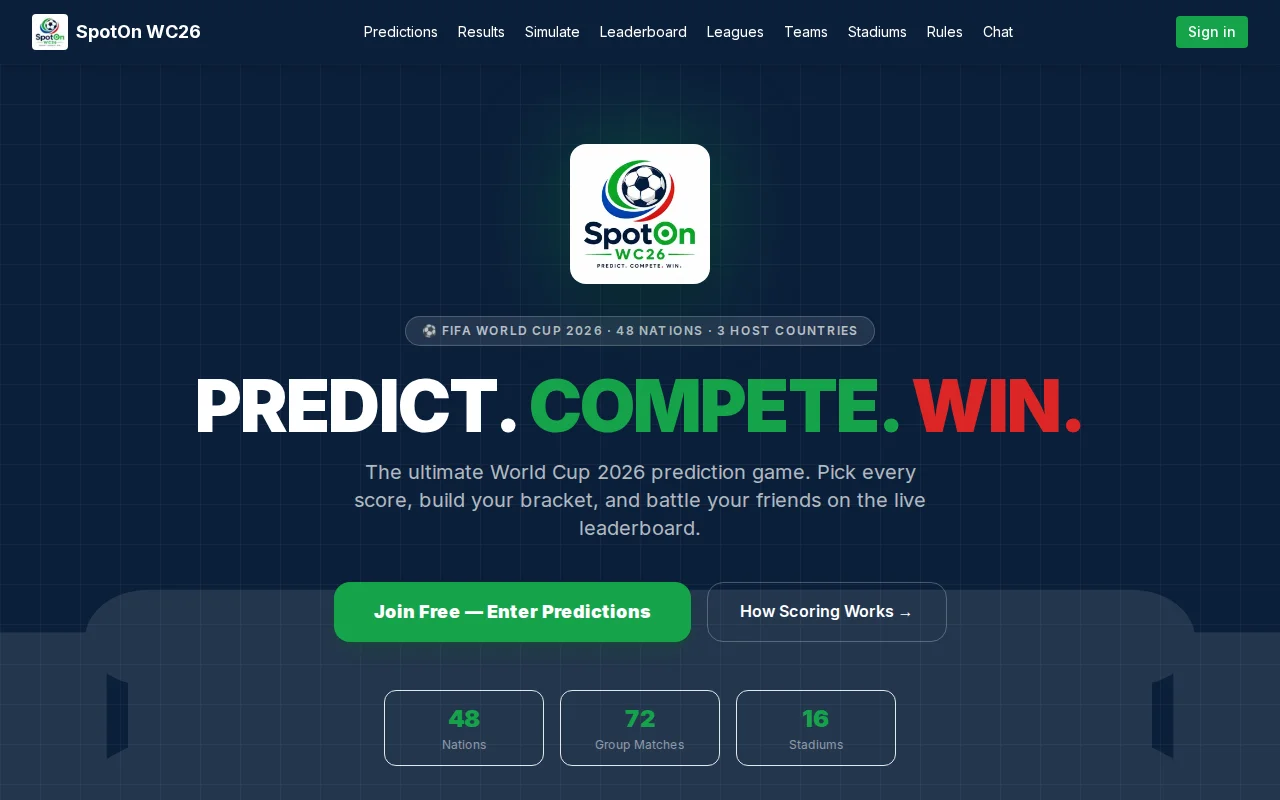 SpotOn WC26 – a free World Cup 2026 bracket game that scores itself