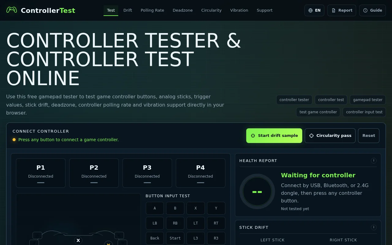 Controller tester-test gamepads, stick drift,deadzones and polling rate
