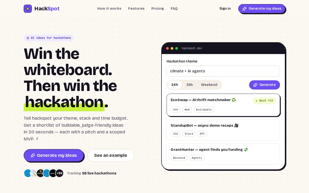 Hackspot.dev – Winning hackathon ideas in 30 seconds