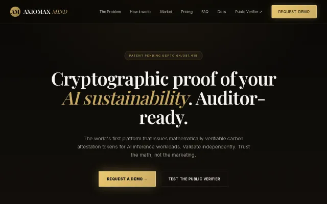 Axiomax – Cryptographic proof of AI inference carbon footprint