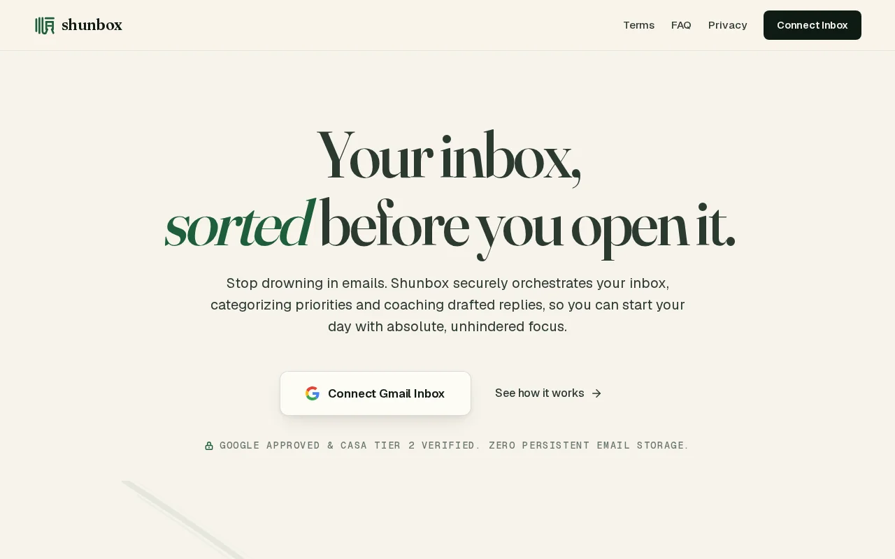 Shunbox, Your inbox sorted before you open it
