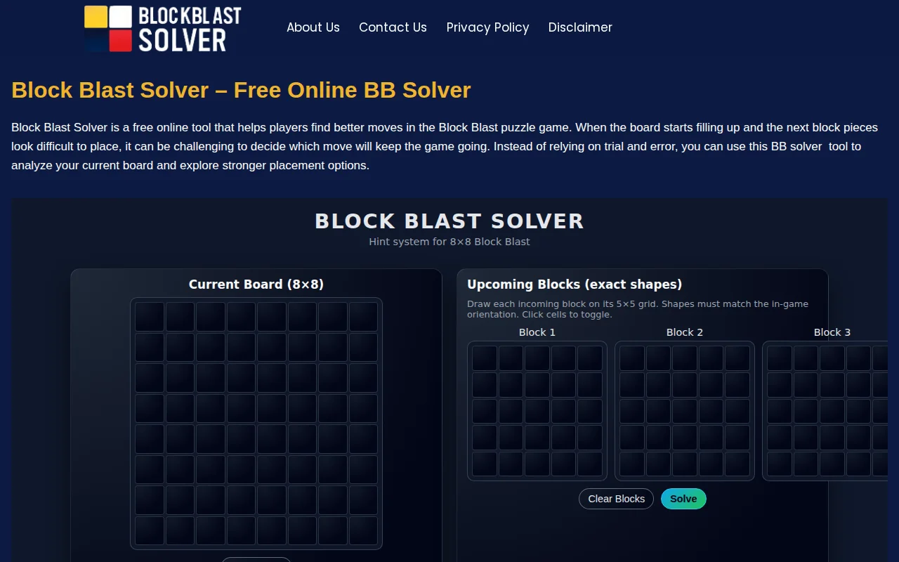 Online Block Blast Solver – helps you find the best move when stuck
