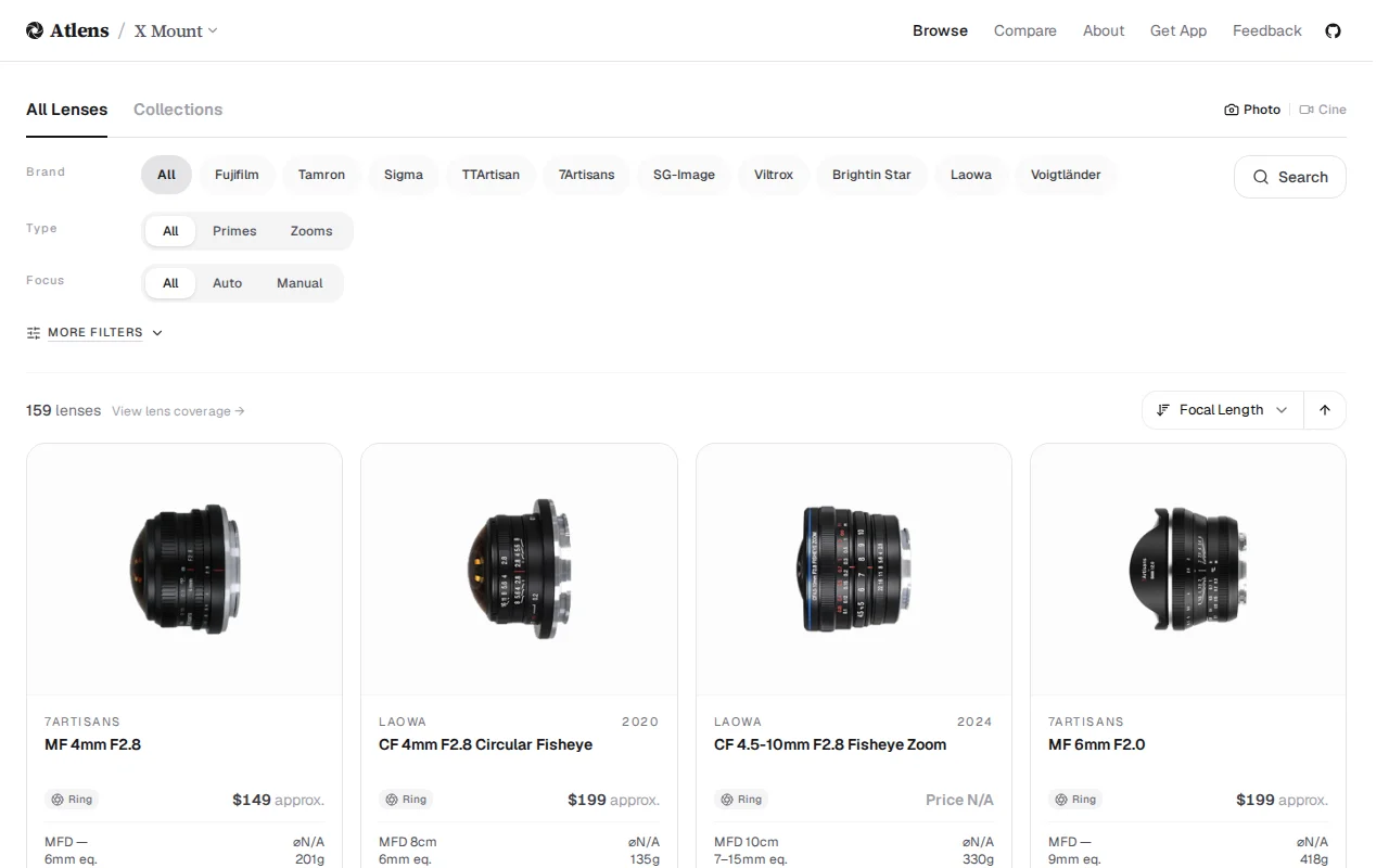 I built a Fujifilm X-mount lens database across 10 brands