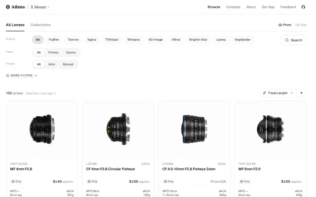 I built a Fujifilm X-mount lens database across 10 brands