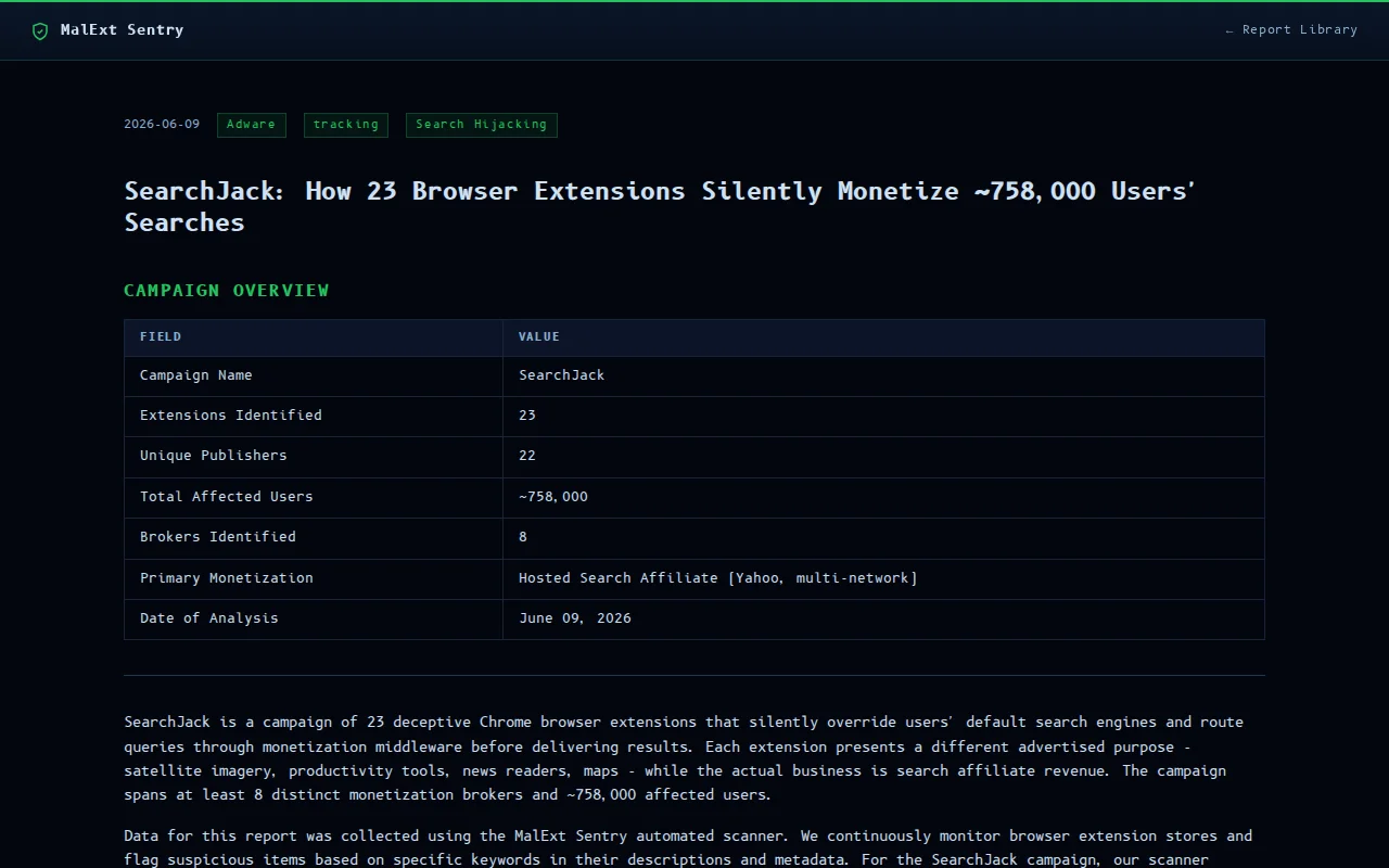 SearchJack – 23 extensions, 758K users, 8 search monetization brokers