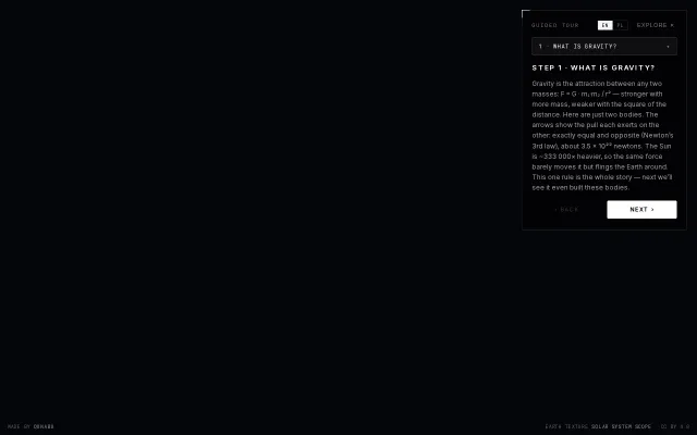Gravity – interactive solar-system simulator, from Newton to Einstein