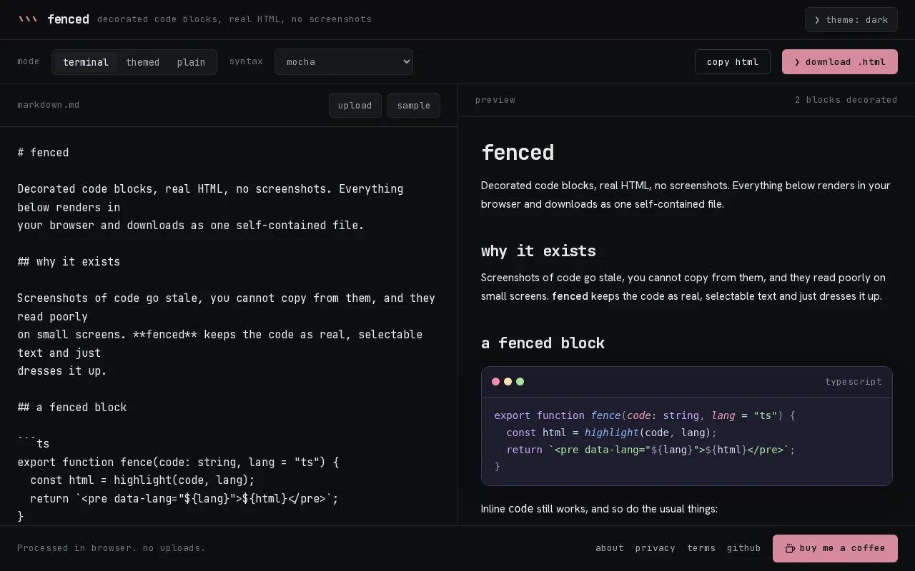 Fenced – Markdown to self-contained HTML with decorated code blocks