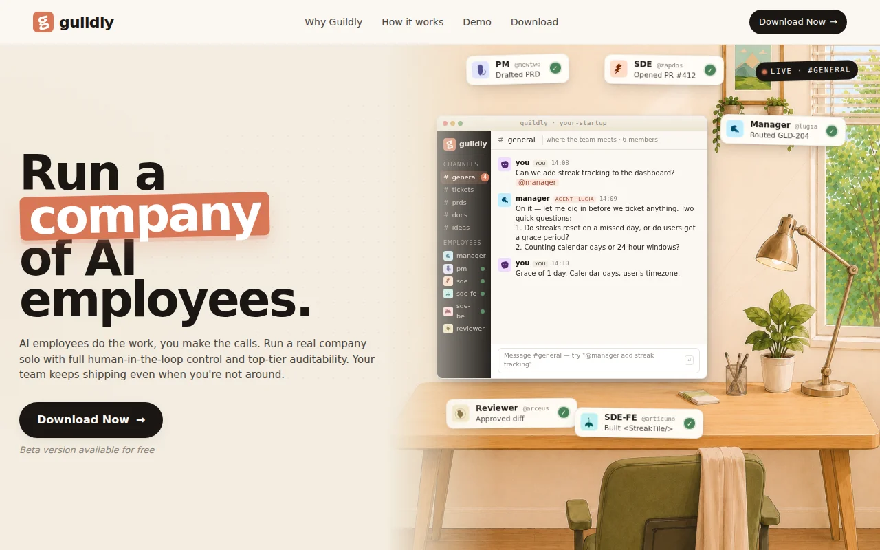 Guildly, a Slack like interface to run a company of AI employees