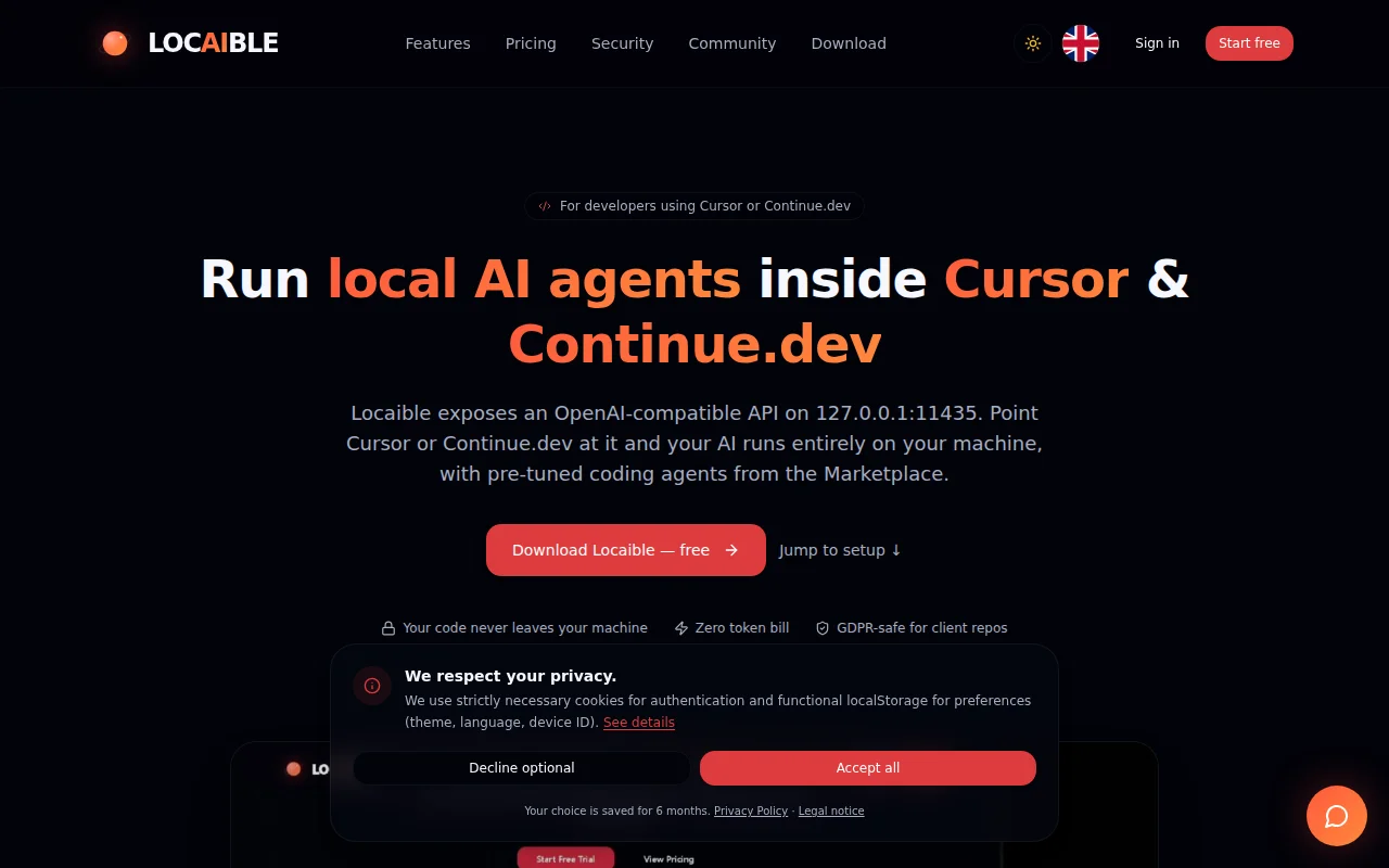 Locaible – local AI agents for Cursor with pre-tuned marketplace/commu