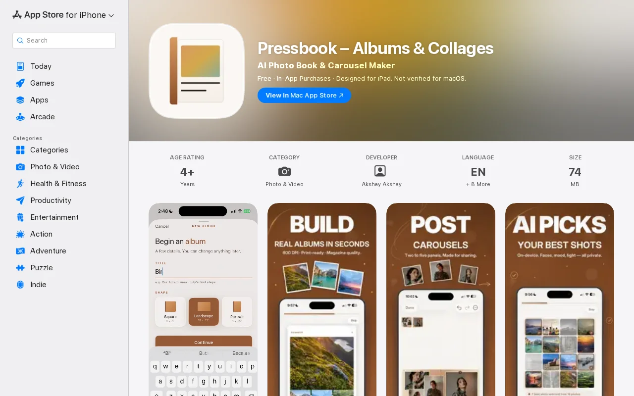 Pressbook – On-device photo albums, no server in the path (iOS)