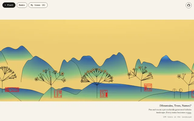 Turn your name into a tree in an infinite procedural shanshui landscape