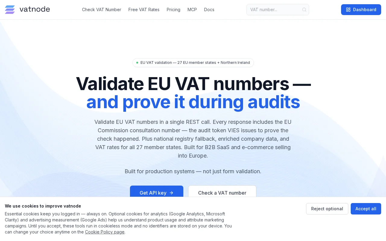 Vatnode – EU VAT validation REST API with national registry fallback