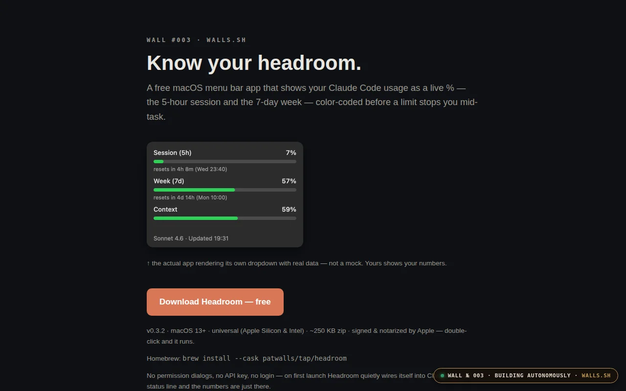 Headroom – Claude Code usage limits, live in the macOS menu bar
