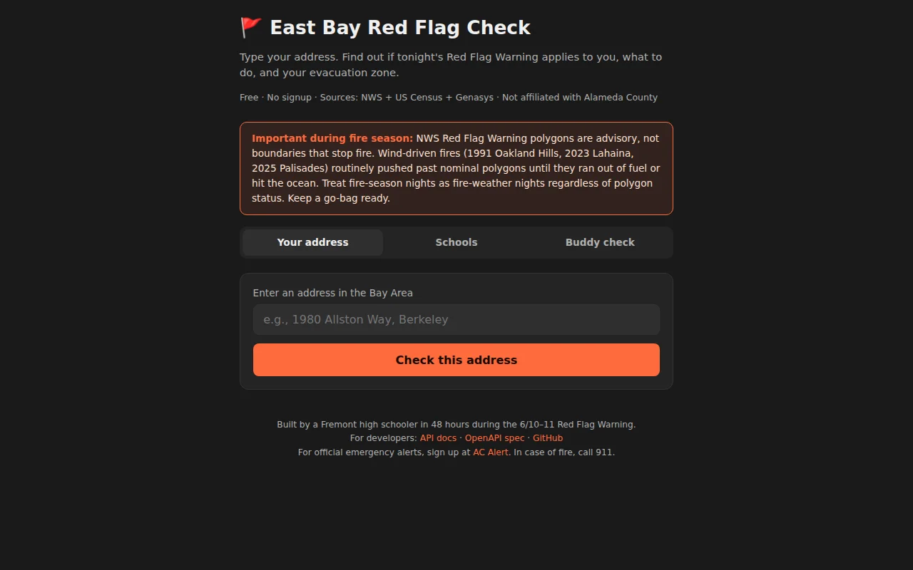 I built a Red Flag Warning zone-check tool for the East Bay in 48h