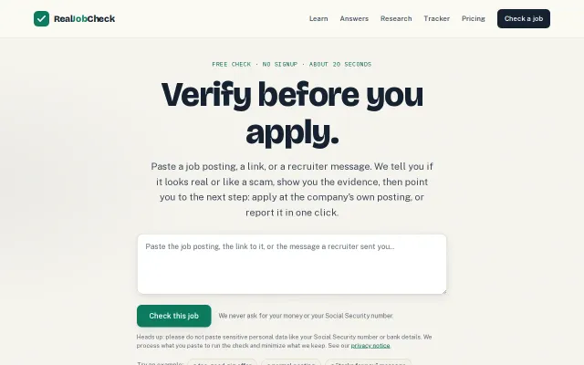 Real Job Check – paste a job post, get a cited real-or-scam verdict
