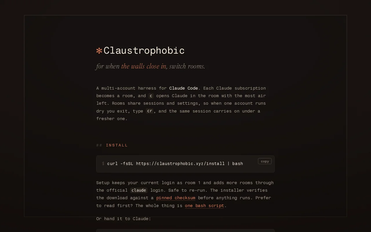Claustrophobic, a multi-account harness for Claude Code