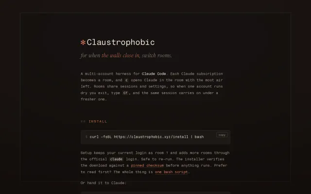 Claustrophobic, a multi-account harness for Claude Code