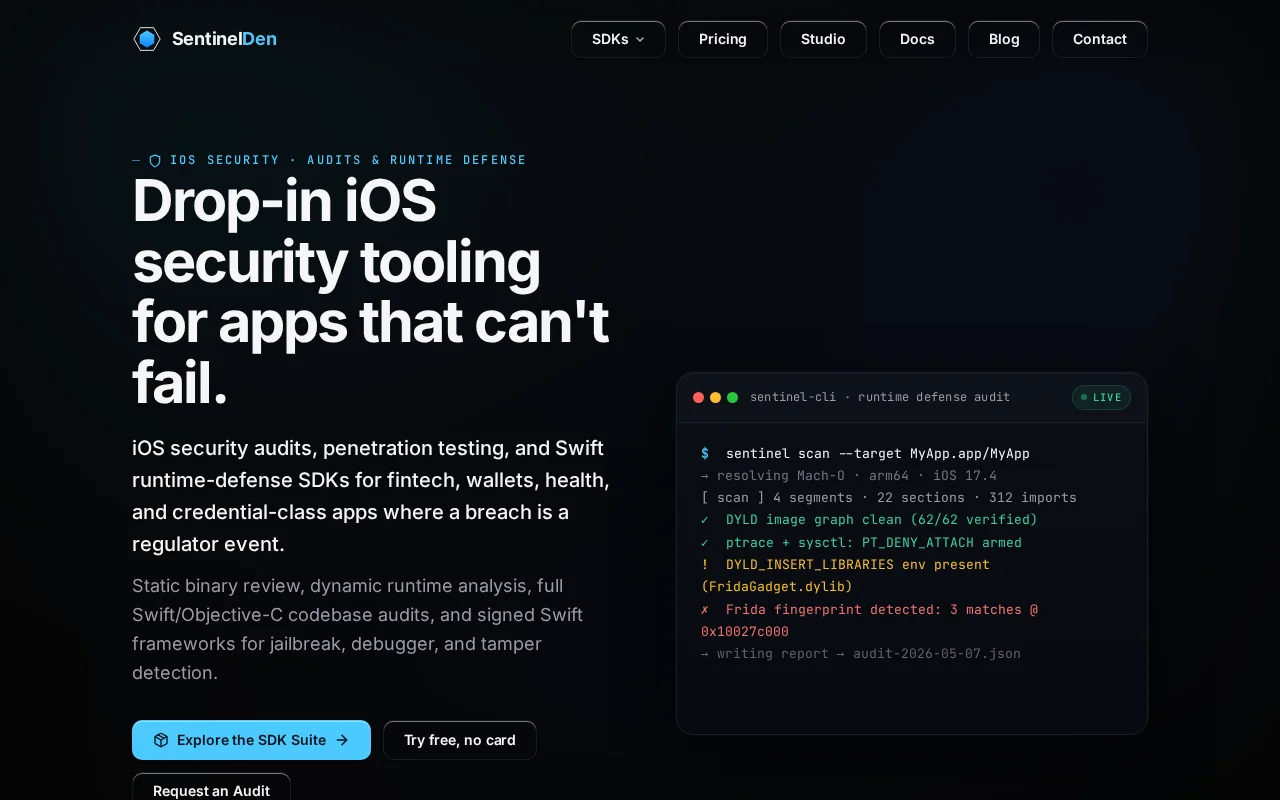 Sentinel Den – Zero-back end, on-device iOS security SDKs