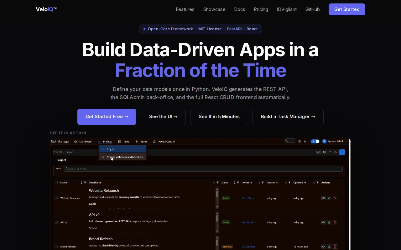 VeloIQ – An internal OS to build full-stack FastAPI apps in minutes
