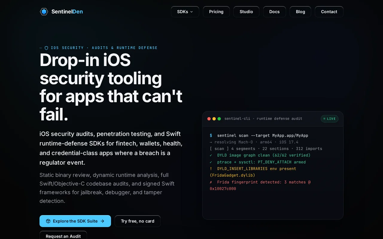 Sentinel Den – Zero-back end, on-device iOS security SDKs