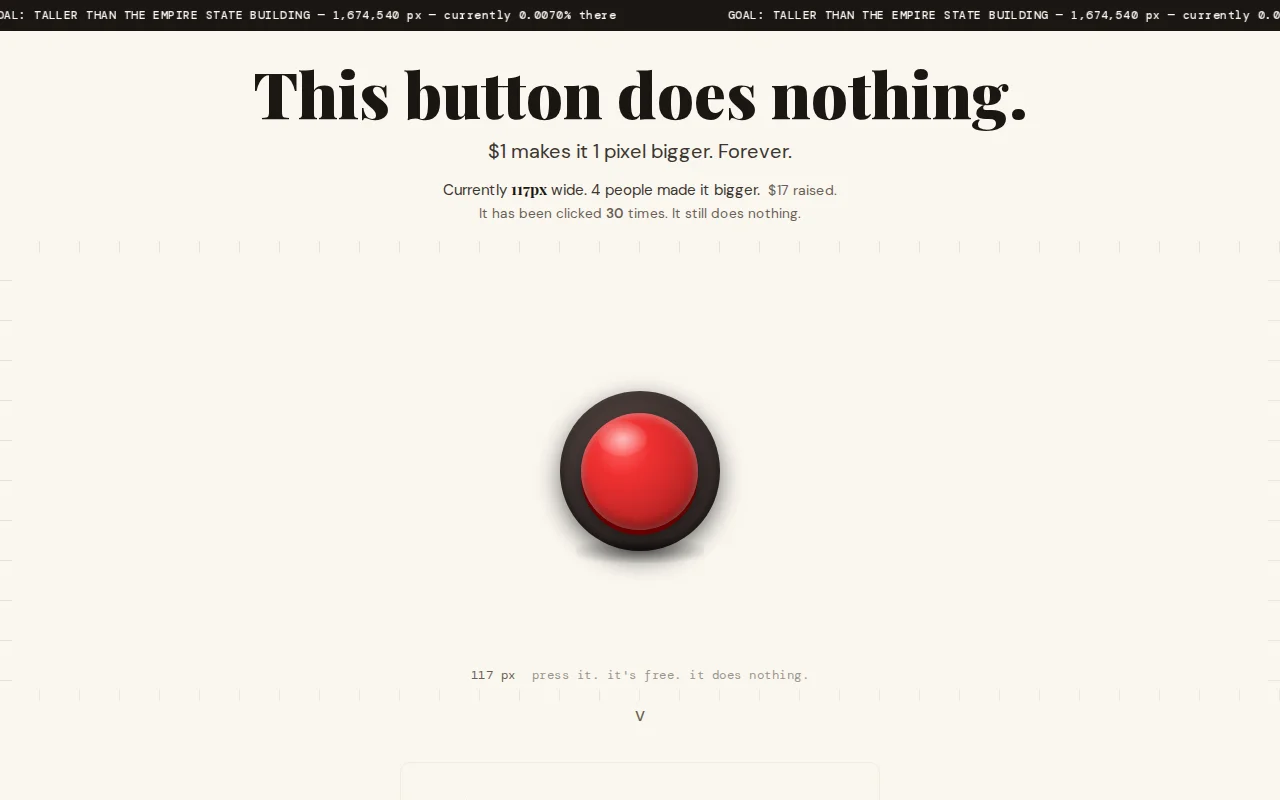 Button does nothing. $1 makes it 1 pixel bigger, forever