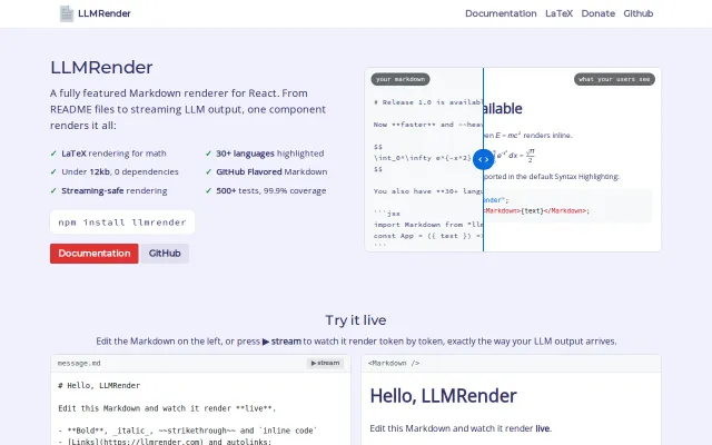 LLMRender, a 10kb Markdown+LaTeX renderer for React