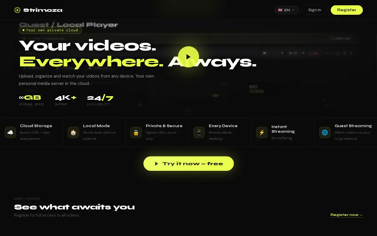 Strimoza – Personal video cloud with local and Bunny CDN streaming