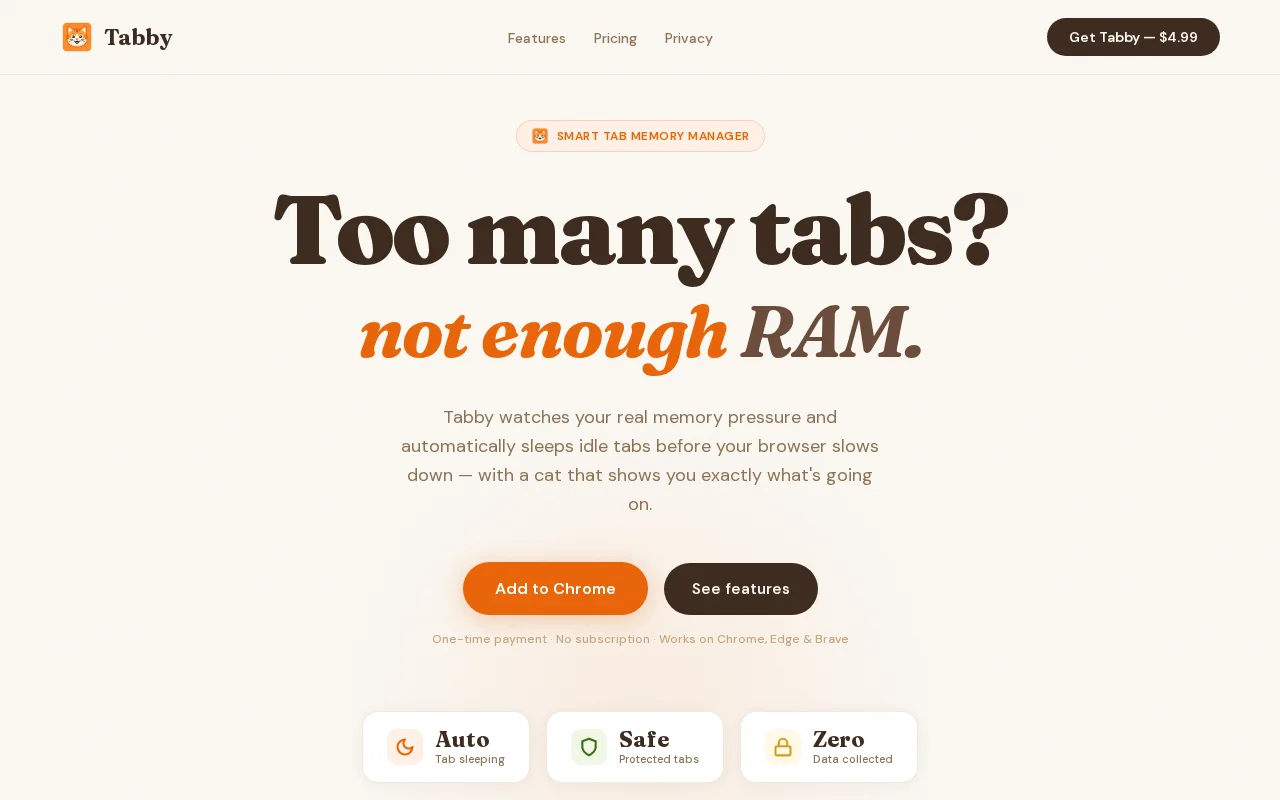 Tabby – sleeps tabs based on RAM pressure, not fixed timers