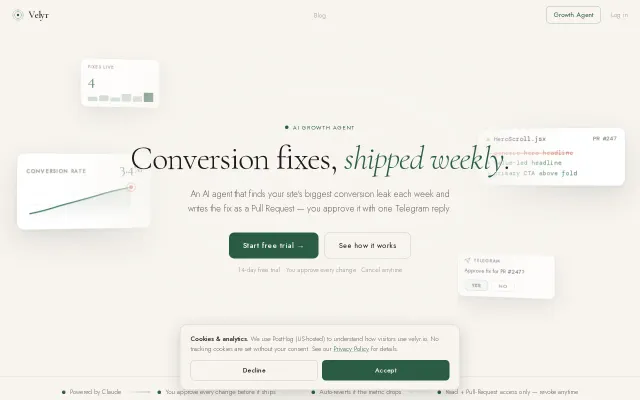Velyr – an AI agent that finds and fixes conversion leaks on your site