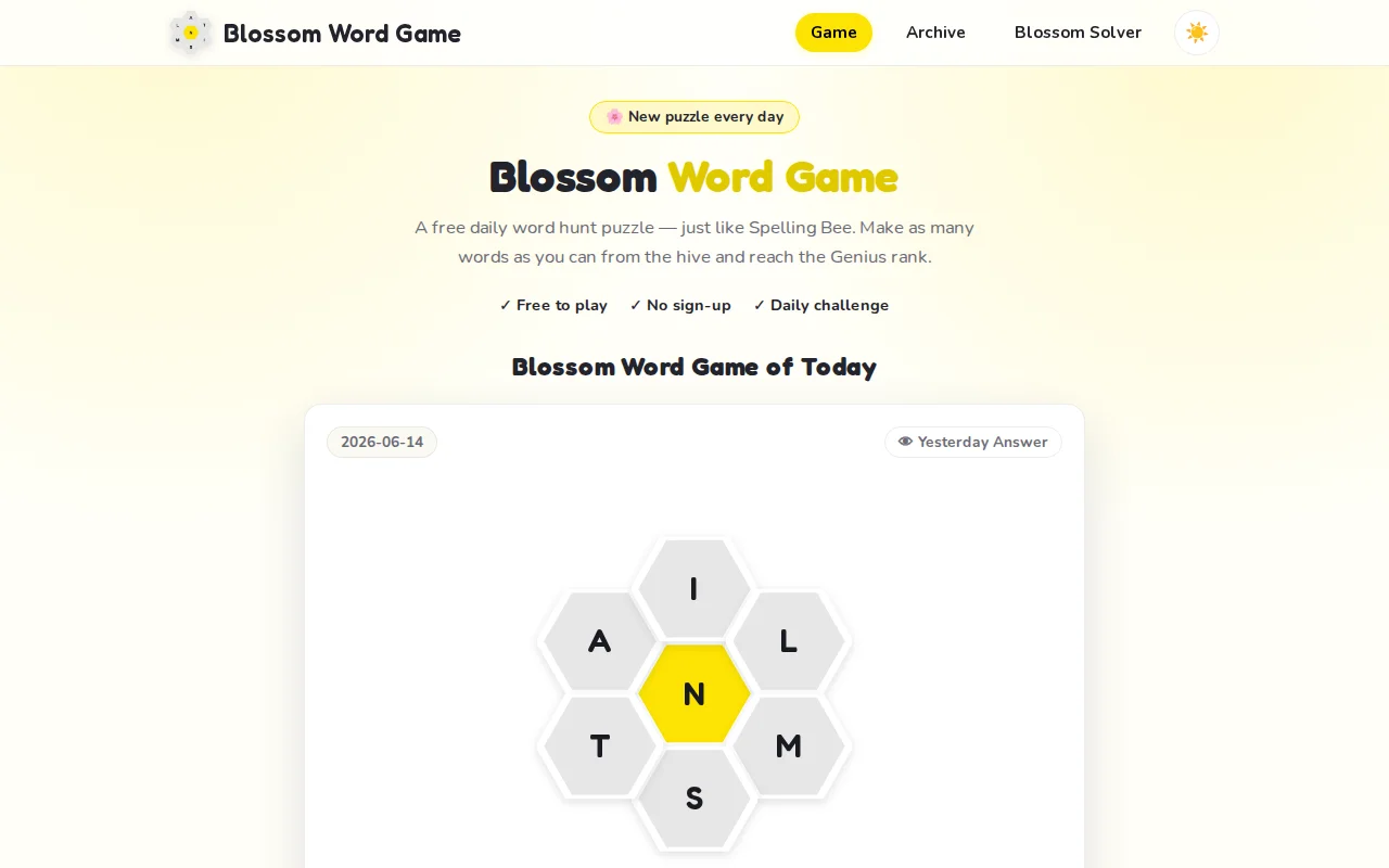 Blossom Word Game – a free daily Spelling Bee–style puzzle