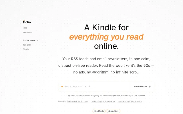 Öcha – A minimalist, Kindle-style RSS and newsletter reader