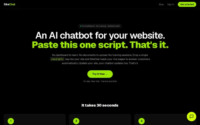 SiteChat – AI chatbot that reads your live website, zero setup