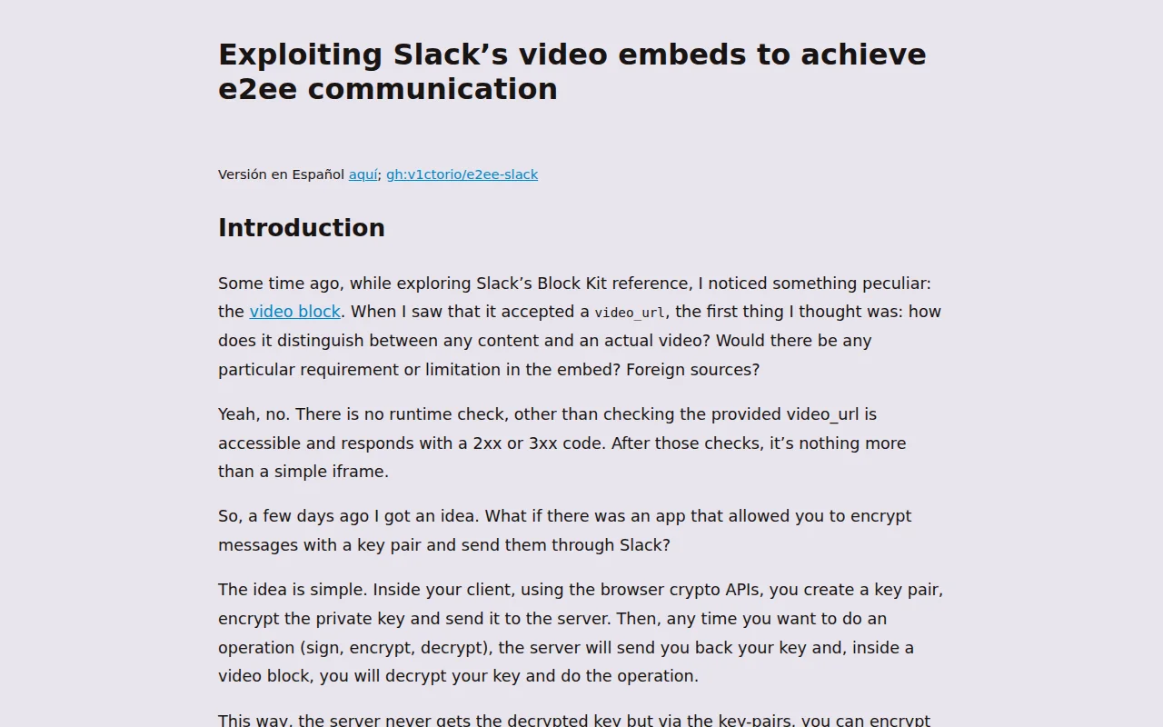 Exploiting Slack's video embeds to achieve E2EE communication
