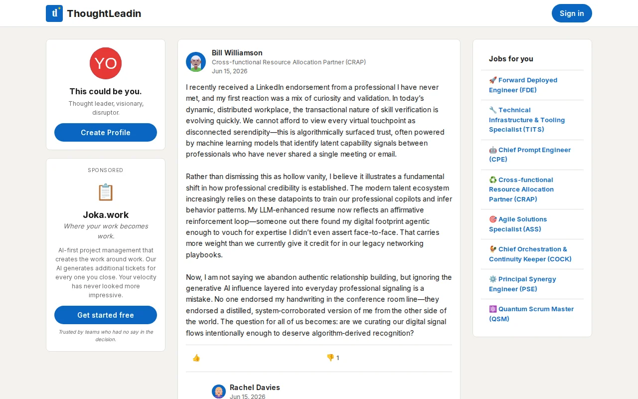 ThoughtLeadin – AI-first LinkedIn where every post is corporate slop