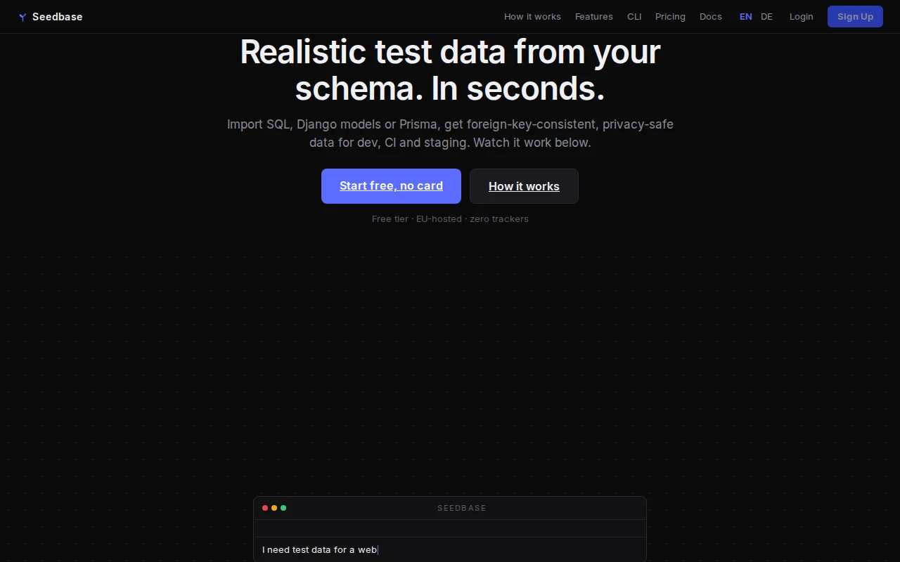 SeedBase, FK-consistent test data from your SQL/Django/Prisma schema
