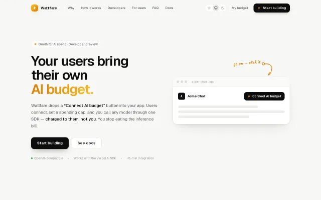 Wattfare – LLM API that's paid by users, not dev