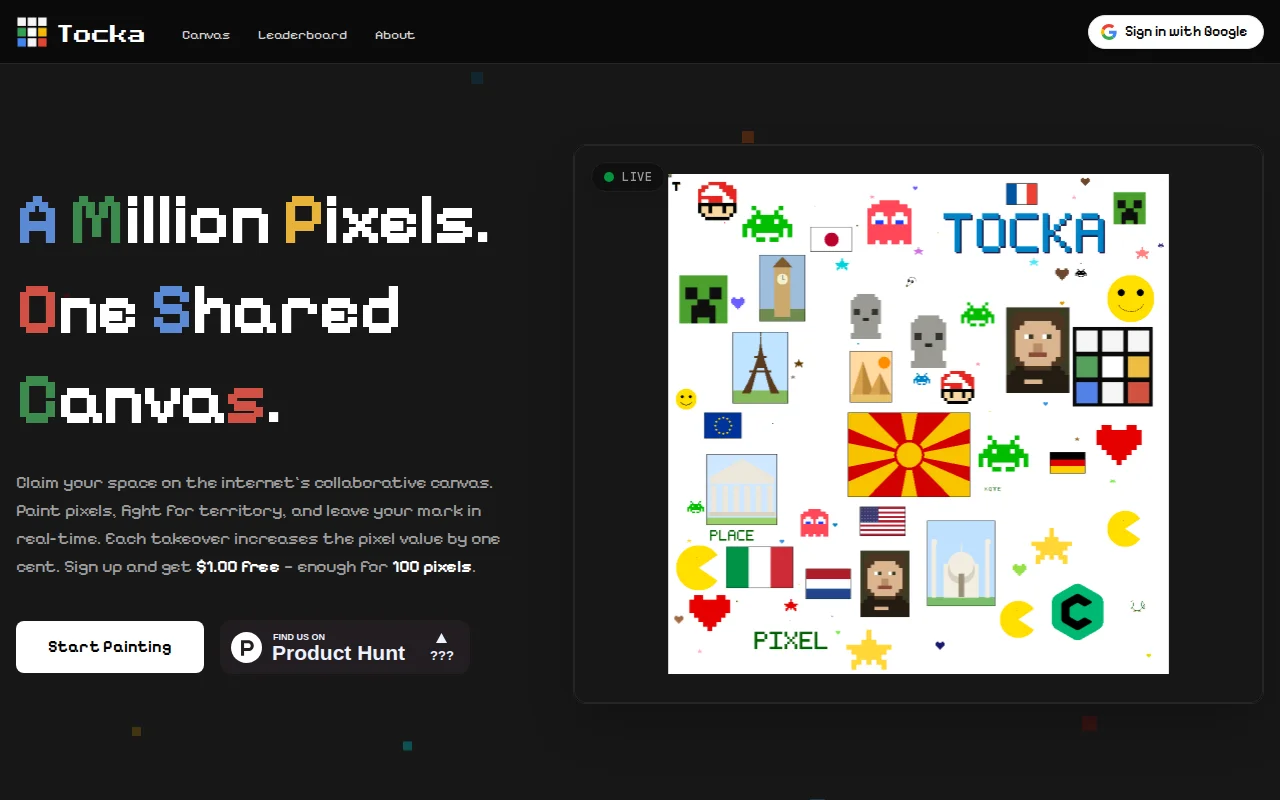 Tocka – A million-pixel canvas like R/place, but with real economics