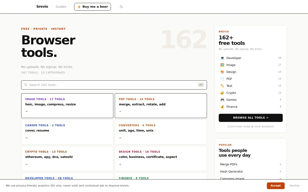 I built 184 free browser tools – PDF, image, dev, AI tasks, no upload