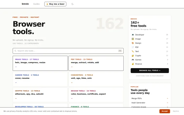 I built 184 free browser tools – PDF, image, dev, AI tasks, no upload