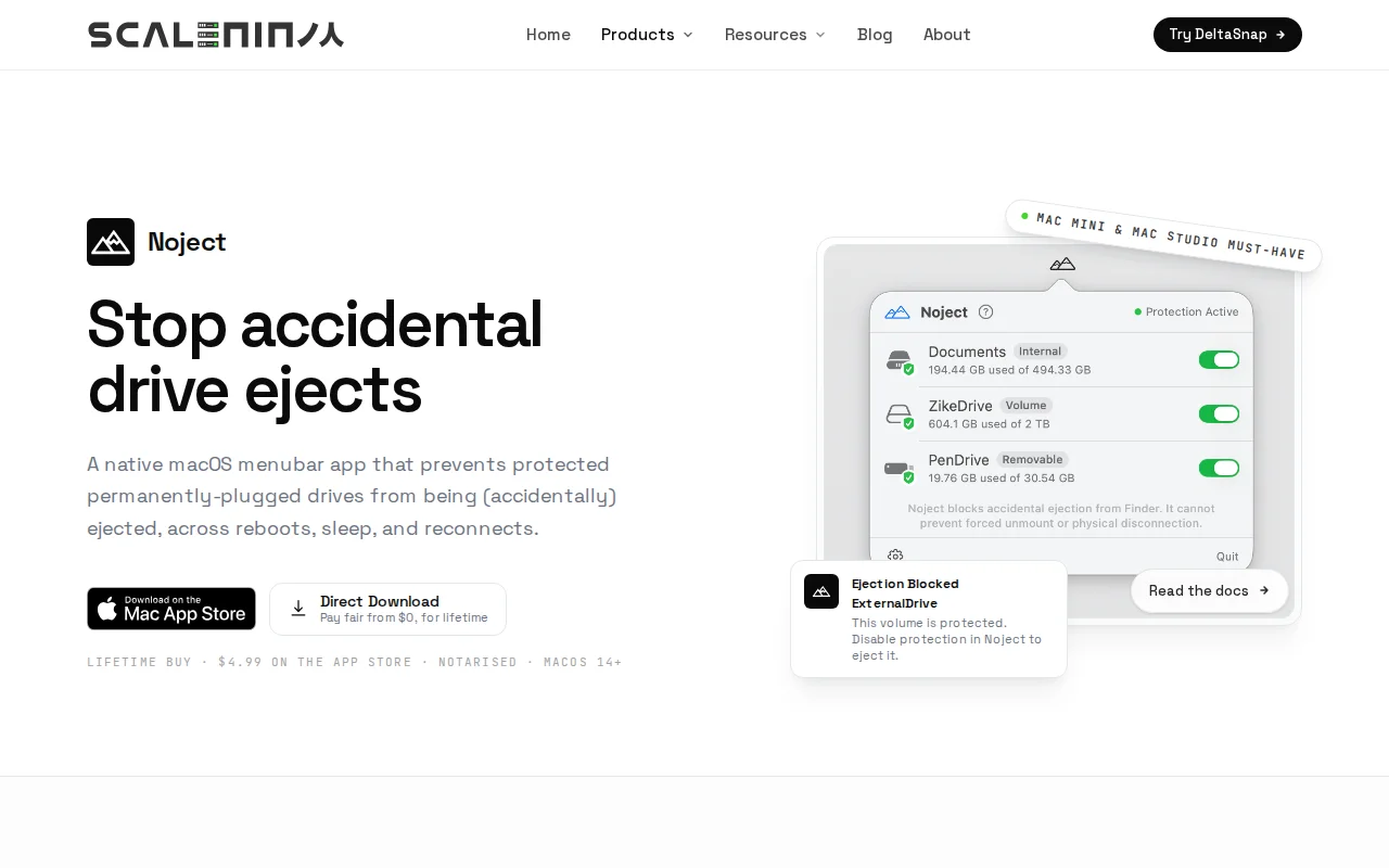 Noject – menubar app to stop drive ejections on macOS