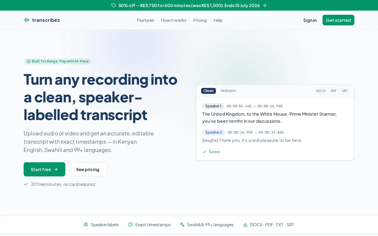 Transcribez,Transcription for Kenyan English and Swahili
