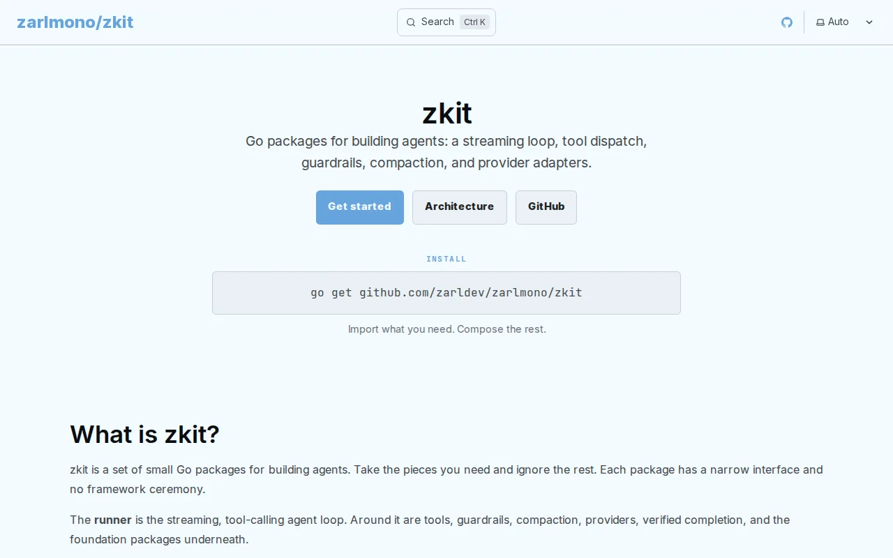 Zkit – Go libraries for building agents, not a framework