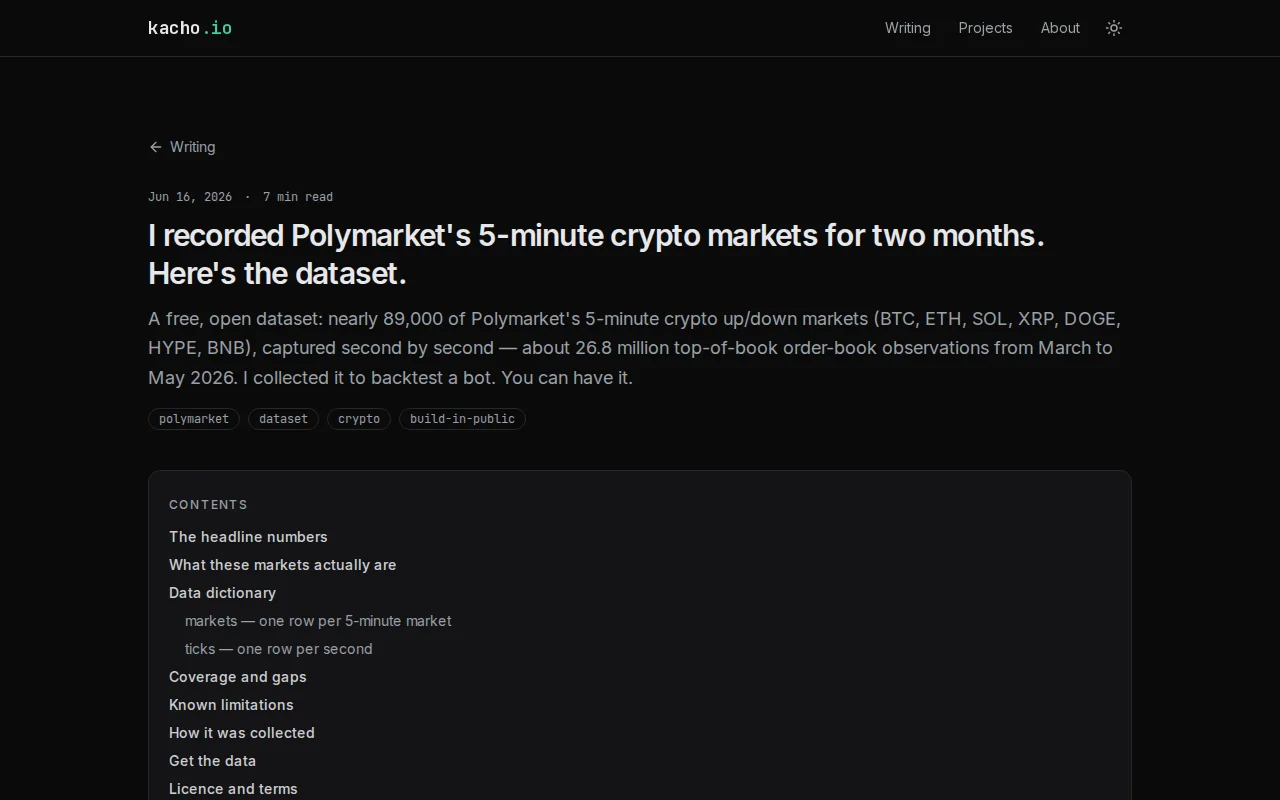 A free dataset, Polymarket's 5-minute crypto markets, second-by-second