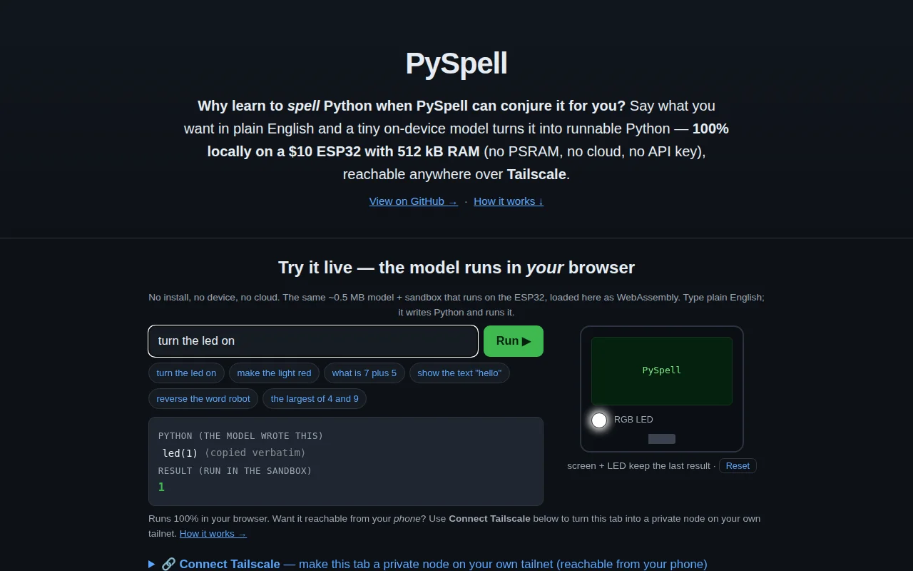 ESP32 512kB – Tailscale, English to Python LLM and 8 containers local