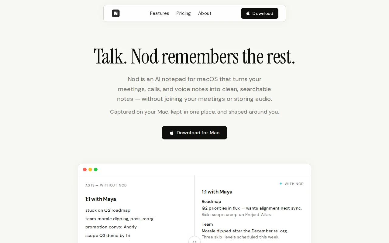 Nod – Mac meeting notes that don't join the call or store audio