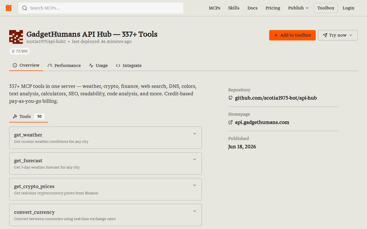 MCP tools in one server – pay-as-you-go, no subscription